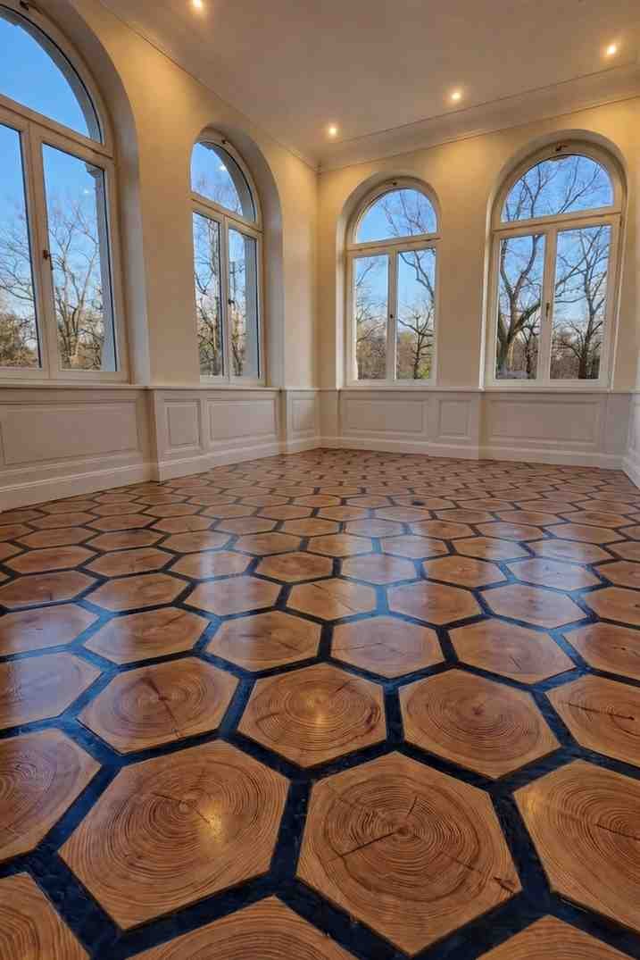 Hexagonal wooden floor tiles design
